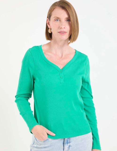 Playera manga larga cuello V para mujer 1