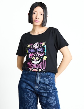 Playera Manga Corta Disney DTR Gato Cheshire Cuello Redondo Para Mujer