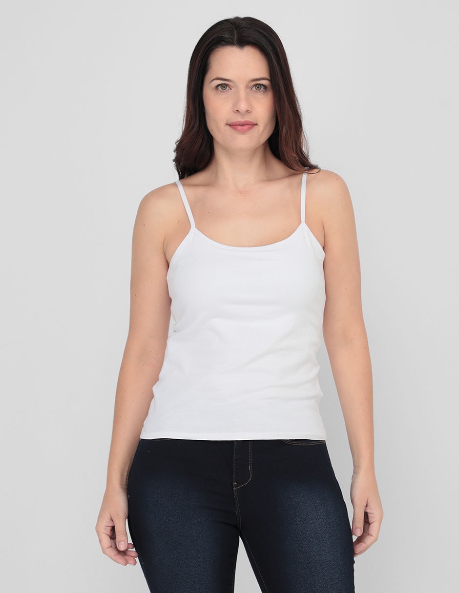 Top cuello redondo escote regular tirante delgado