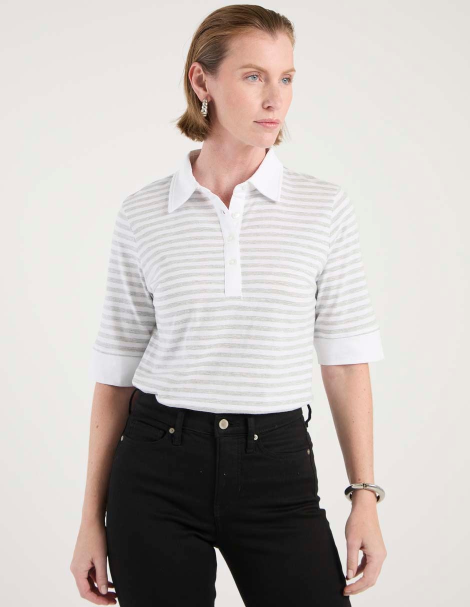 Playera manga al codo cuello camisero para mujer
