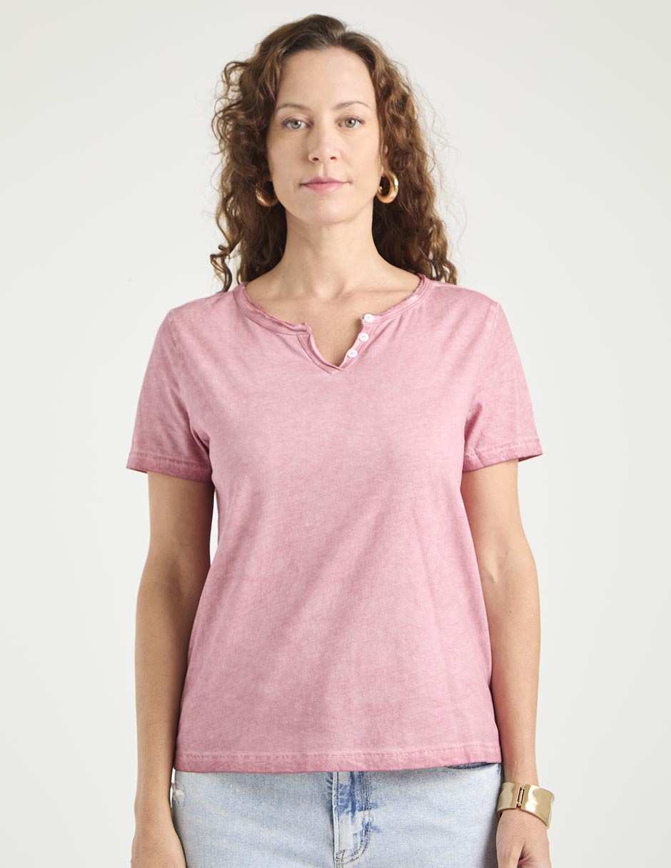 Playera manga corta cuello henley para mujer Playera manga corta cuello henley para mujer
