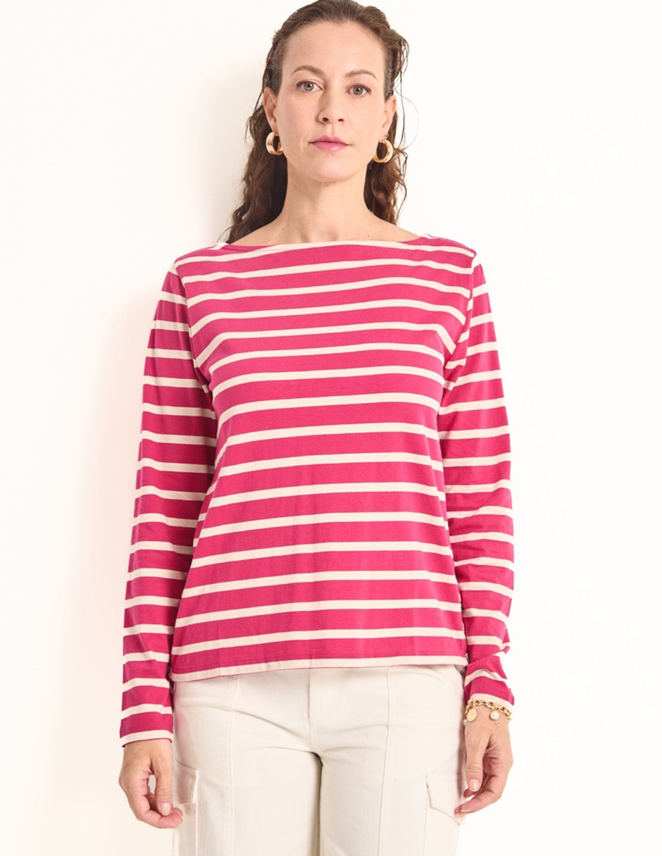 Playera manga larga cuello ojal para mujer