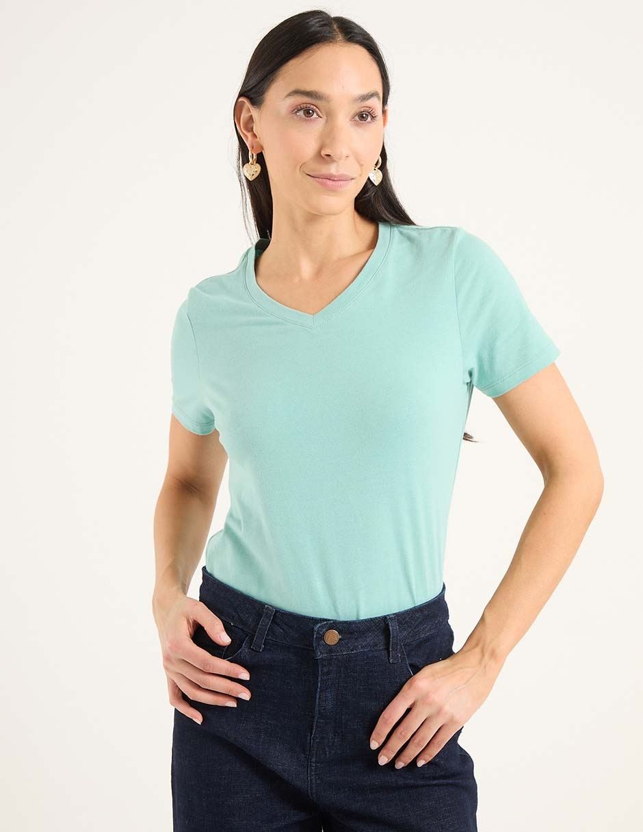 Playera manga corta cuello V para mujer