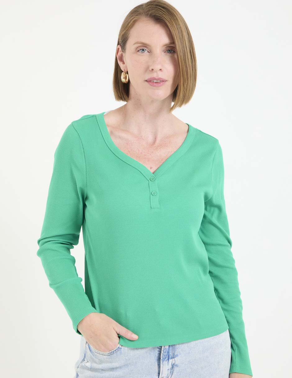Playera manga larga cuello V para mujer