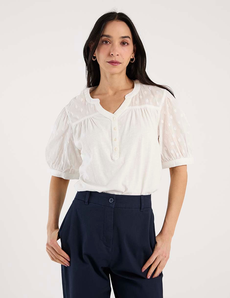 Playera manga al codo cuello V para mujer Playera manga al codo cuello V para mujer