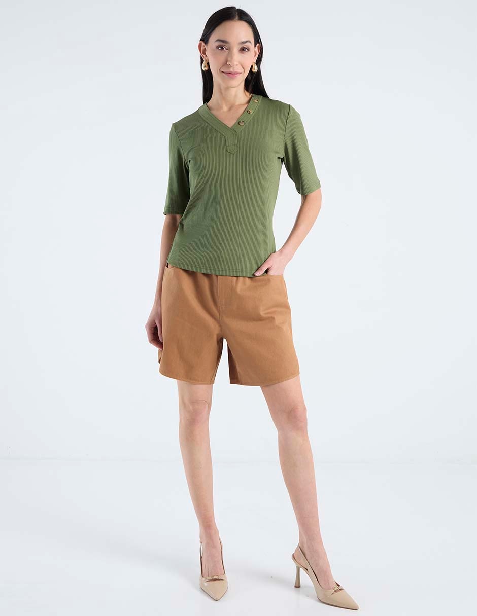 Playera manga al codo cuello V para mujer 3
