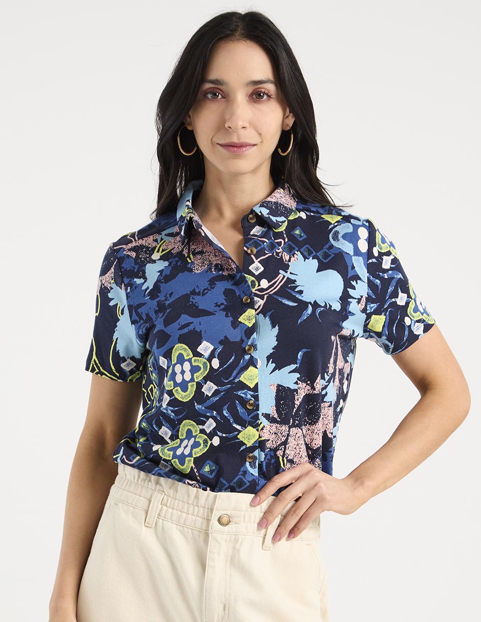 Blusa camisera manga corta para mujer