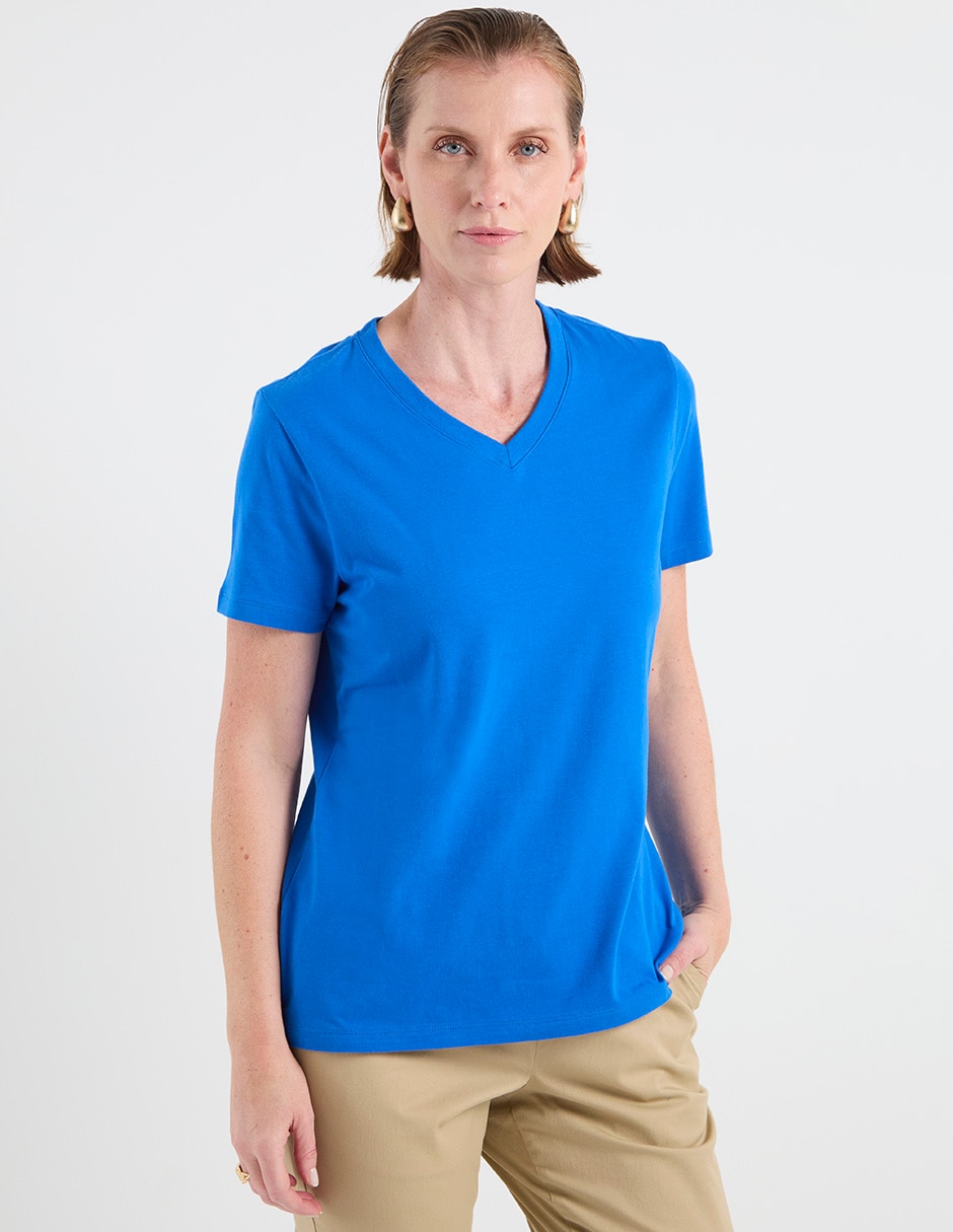 Playera manga corta cuello V para mujer