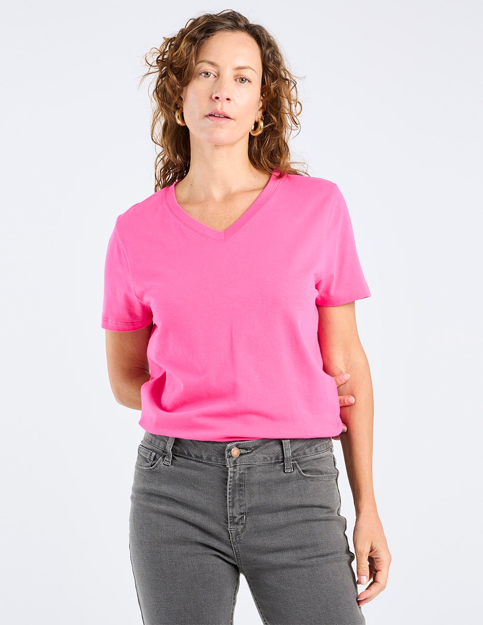 Playera manga corta cuello V para mujer